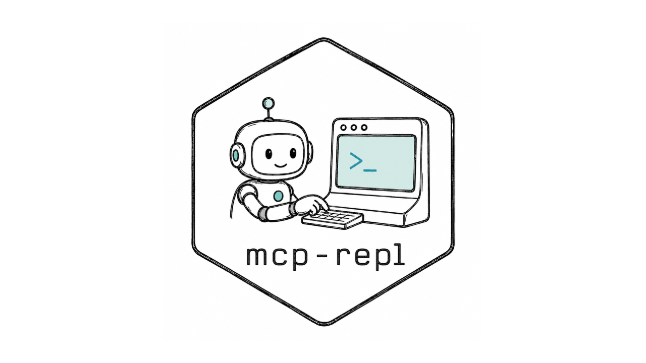 Hex logo for mcp-repl showing a robot typing at a terminal inside a hexagon outline.
